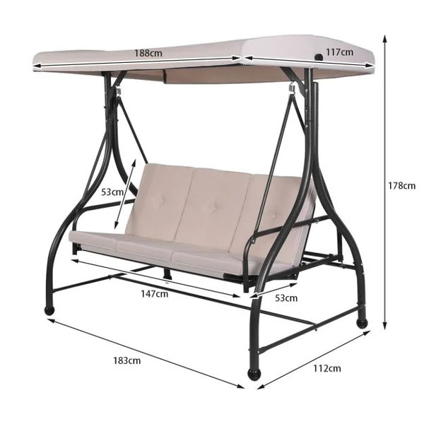 Balancelle d'Extérieur Convertible Jardin Porche Avec Sièges à Coussins Auvent Réglable et Cadre en Métal Enduit Hamac 3 Places Beige