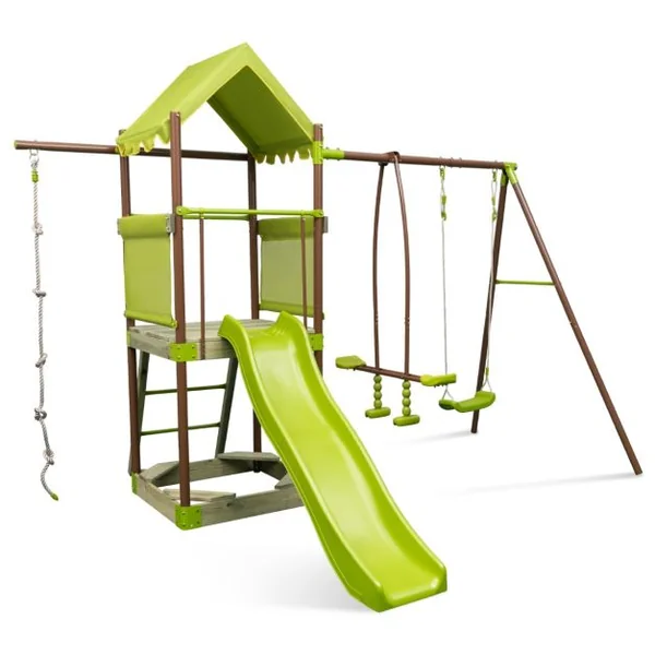 Balançoire 7-en-1 Aire de Jeu en Métal avec Fort Couvert Réglable en Hauteur Corde d'Escalade Bac à Sable Glisseur Toboggan Ondulé Vert