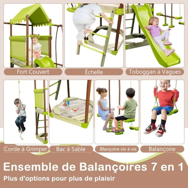 Balançoire 7-en-1 Aire de Jeu en Métal avec Fort Couvert Réglable en Hauteur Corde d'Escalade Bac à Sable Glisseur Toboggan Ondulé Vert