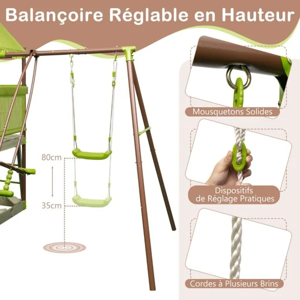 Balançoire 7-en-1 Aire de Jeu en Métal avec Fort Couvert Réglable en Hauteur Corde d'Escalade Bac à Sable Glisseur Toboggan Ondulé Vert