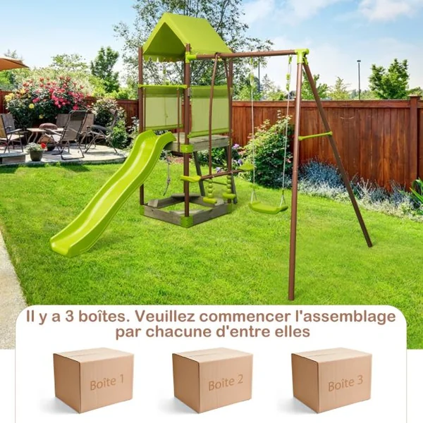 Balançoire 7-en-1 Aire de Jeu en Métal avec Fort Couvert Réglable en Hauteur Corde d'Escalade Bac à Sable Glisseur Toboggan Ondulé Vert