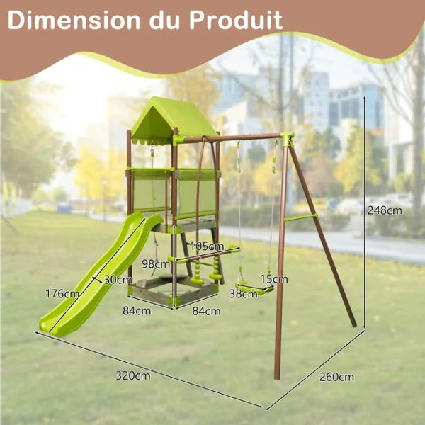 Balançoire 7-en-1 Aire de Jeu en Métal avec Fort Couvert Réglable en Hauteur Corde d'Escalade Bac à Sable Glisseur Toboggan Ondulé Vert