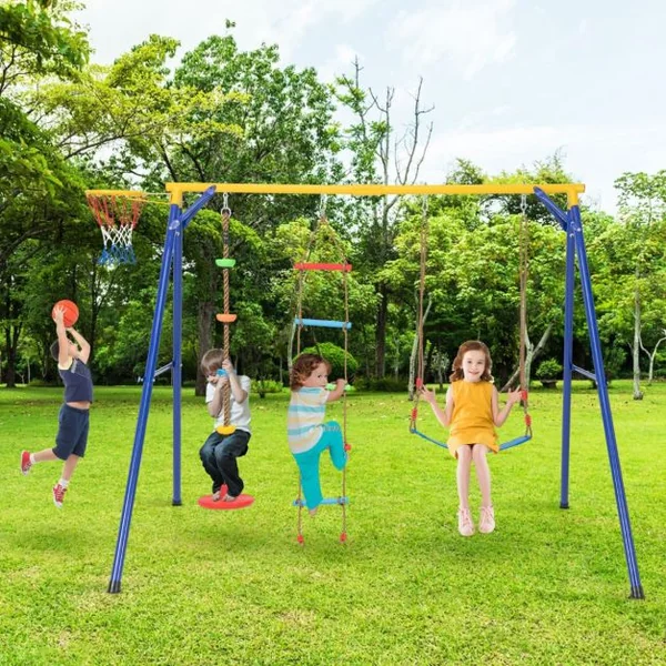 Balançoire avec Cadre 4 en 1 avec 1 Panier de Basket-ball et 1 Balançoire Bandoulière Réglable 1 Échelle d'Escalade et 1 Disque avec Corde Jaune