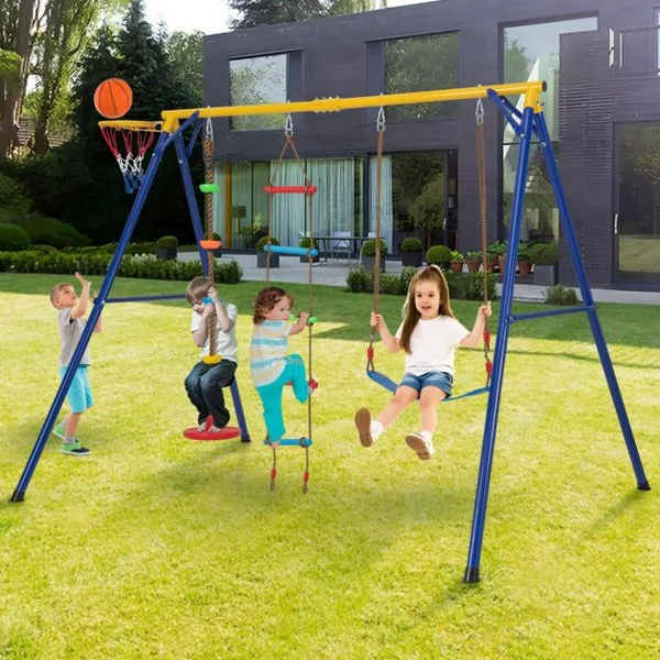 Balançoire avec Cadre 4 en 1 avec 1 Panier de Basket-ball et 1 Balançoire Bandoulière Réglable 1 Échelle d'Escalade et 1 Disque avec Corde Jaune