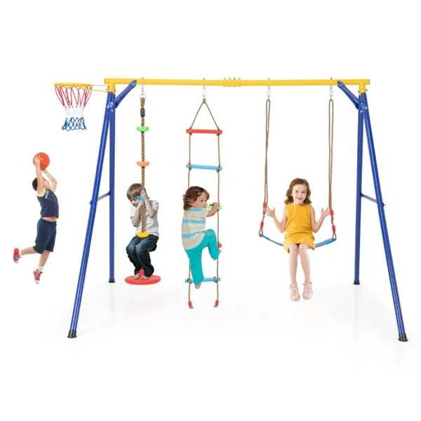 Balançoire avec Cadre 4 en 1 avec 1 Panier de Basket-ball et 1 Balançoire Bandoulière Réglable 1 Échelle d'Escalade et 1 Disque avec Corde Jaune