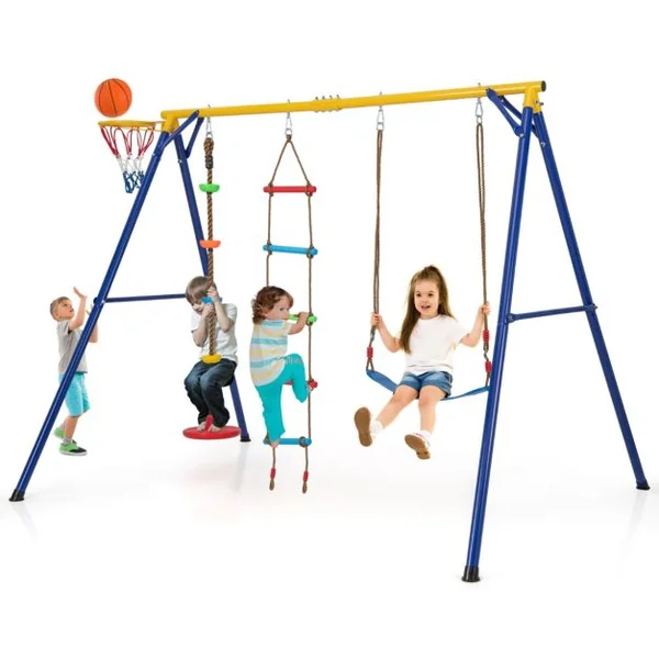 Balançoire avec Cadre 4 en 1 avec 1 Panier de Basket-ball et 1 Balançoire Bandoulière Réglable 1 Échelle d'Escalade et 1 Disque avec Corde Jaune
