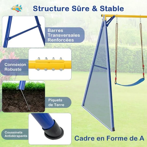 Balançoire avec Cadre 4 en 1 avec 1 Panier de Basket-ball et 1 Balançoire Bandoulière Réglable 1 Échelle d'Escalade et 1 Disque avec Corde Jaune