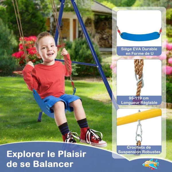 Balançoire avec Cadre 4 en 1 avec 1 Panier de Basket-ball et 1 Balançoire Bandoulière Réglable 1 Échelle d'Escalade et 1 Disque avec Corde Jaune