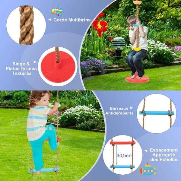 Balançoire avec Cadre 4 en 1 avec 1 Panier de Basket-ball et 1 Balançoire Bandoulière Réglable 1 Échelle d'Escalade et 1 Disque avec Corde Jaune