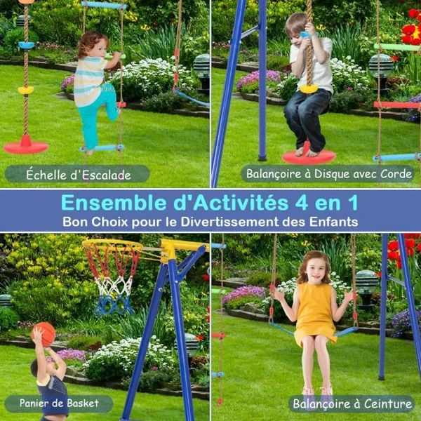 Balançoire avec Cadre 4 en 1 avec 1 Panier de Basket-ball et 1 Balançoire Bandoulière Réglable 1 Échelle d'Escalade et 1 Disque avec Corde Jaune