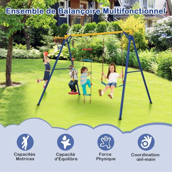 Balançoire avec Cadre 4 en 1 avec 1 Panier de Basket-ball et 1 Balançoire Bandoulière Réglable 1 Échelle d'Escalade et 1 Disque avec Corde Jaune