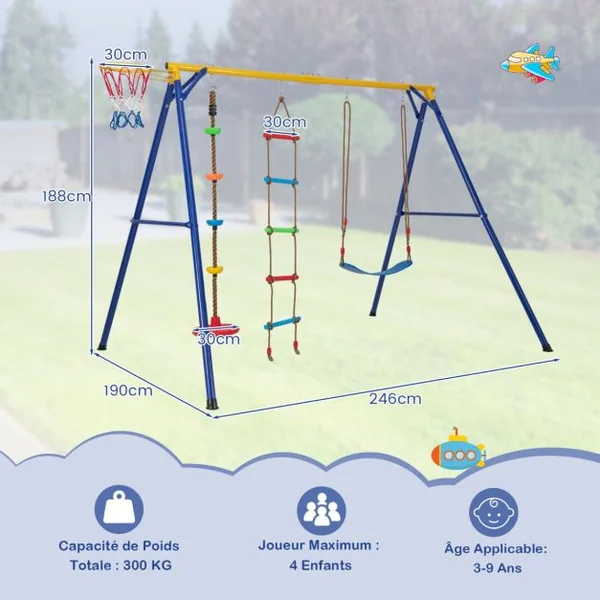 Balançoire avec Cadre 4 en 1 avec 1 Panier de Basket-ball et 1 Balançoire Bandoulière Réglable 1 Échelle d'Escalade et 1 Disque avec Corde Jaune