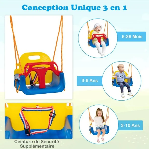 Balançoire avec Cadre en Métal 1 Balançoire Bandoulière 1 Balançoire Plate-forme et 1 Siège de Balançoire Réglable Cordes Réglables Jaune