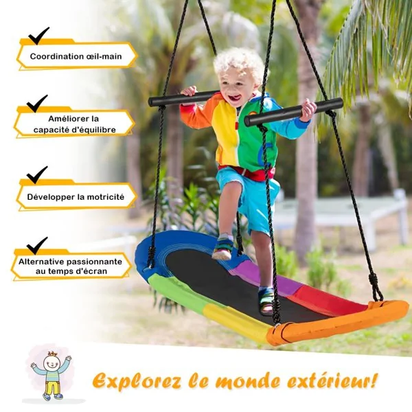 Balançoire d’Arbre Forme de Planche à Roulettes Réglable en Hauteur 100-160CM Structure en Métal avec Poignées Vert/Coloré