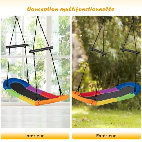 Balançoire d’Arbre Forme de Planche à Roulettes Réglable en Hauteur 100-160CM Structure en Métal avec Poignées Vert/Coloré