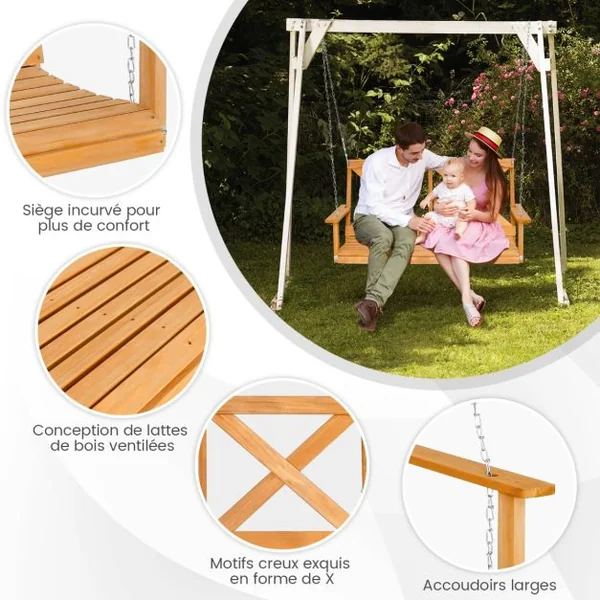 Balançoire de 134CM en Bois Massif pour 2 Personnes Charge 240Kg