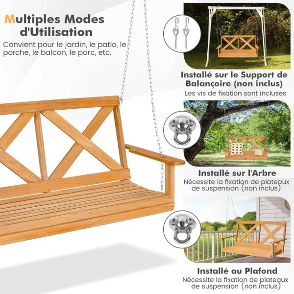 Balançoire de 134CM en Bois Massif pour 2 Personnes Charge 240Kg