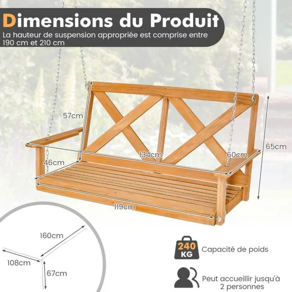 Balançoire de 134CM en Bois Massif pour 2 Personnes Charge 240Kg