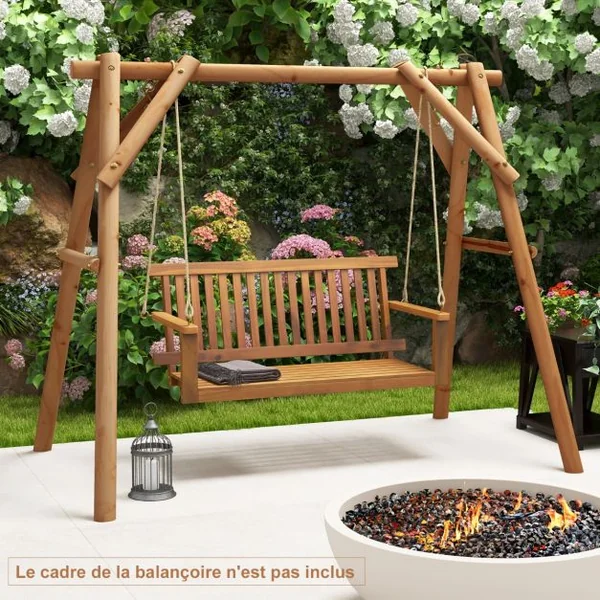 Balançoire de Porche 2 Places en Bois d'Acacia avec 2 Cordes de Chanvre Suspendues Siège et Dossier à Lattes Capacité 360 Kg