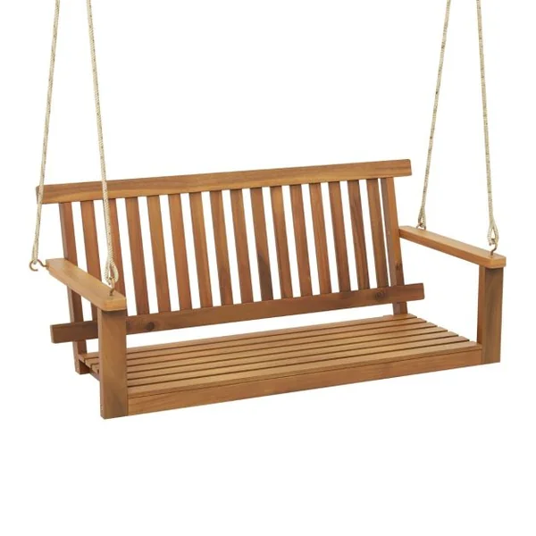 Balançoire de Porche 2 Places en Bois d'Acacia avec 2 Cordes de Chanvre Suspendues Siège et Dossier à Lattes Capacité 360 Kg