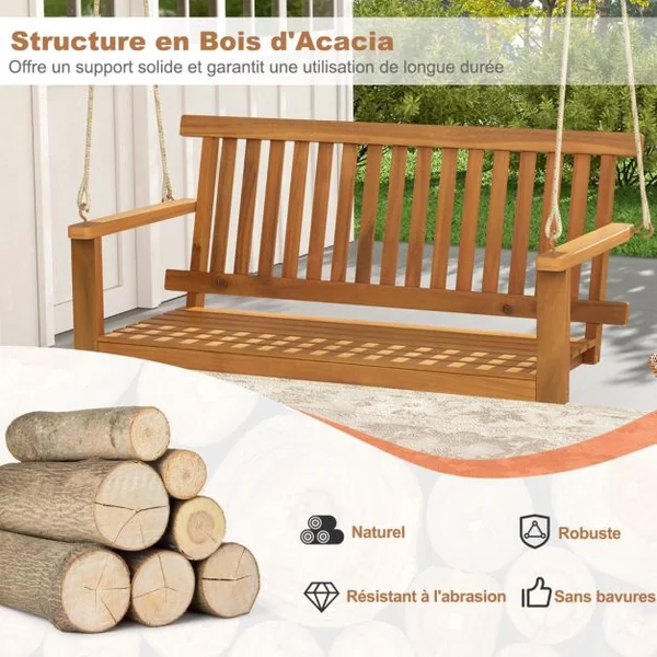 Balançoire de Porche 2 Places en Bois d'Acacia avec 2 Cordes de Chanvre Suspendues Siège et Dossier à Lattes Capacité 360 Kg