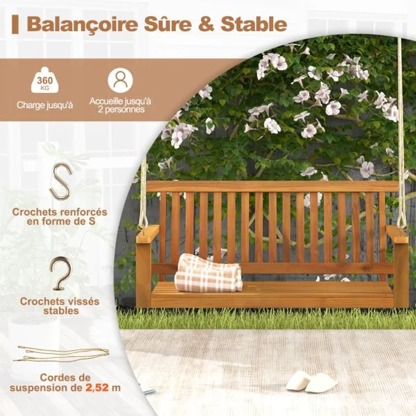 Balançoire de Porche 2 Places en Bois d'Acacia avec 2 Cordes de Chanvre Suspendues Siège et Dossier à Lattes Capacité 360 Kg