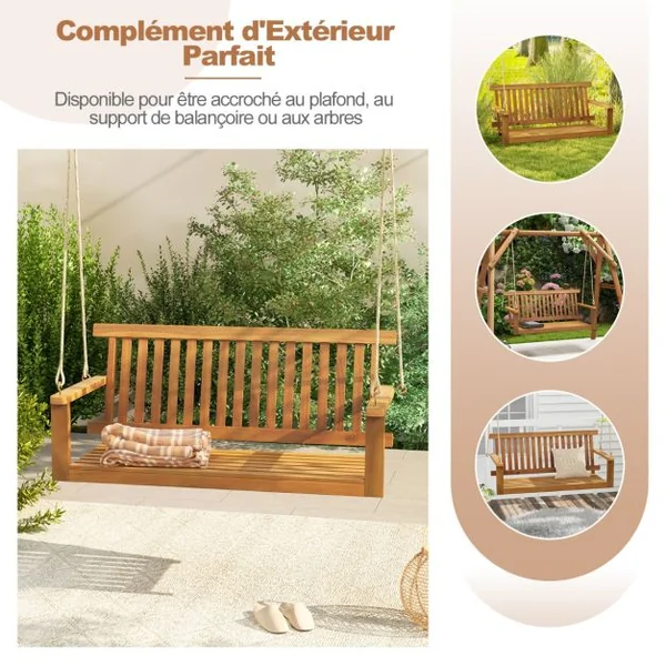 Balançoire de Porche 2 Places en Bois d'Acacia avec 2 Cordes de Chanvre Suspendues Siège et Dossier à Lattes Capacité 360 Kg