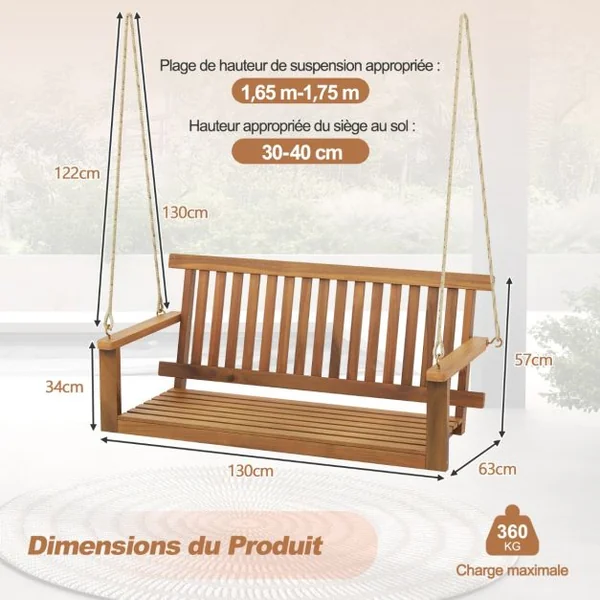 Balançoire de Porche 2 Places en Bois d'Acacia avec 2 Cordes de Chanvre Suspendues Siège et Dossier à Lattes Capacité 360 Kg