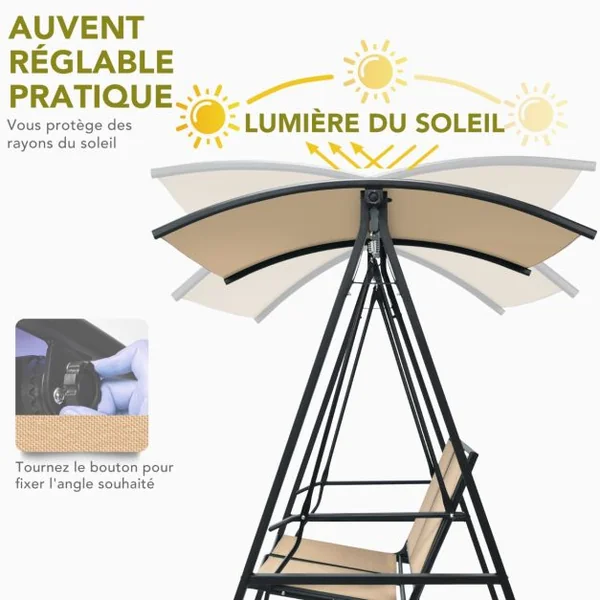 Balançoire de Porche avec Auvent Réglable Balancelle Extérieure pour 2 Personnes Cadre et Auvent en Métal Crochet à Ressort Robuste Beige