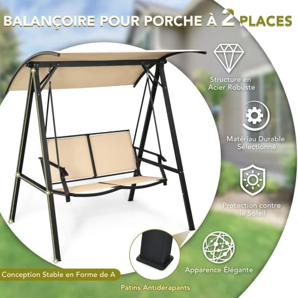 Balançoire de Porche avec Auvent Réglable Balancelle Extérieure pour 2 Personnes Cadre et Auvent en Métal Crochet à Ressort Robuste Beige