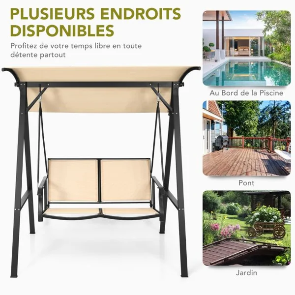 Balançoire de Porche avec Auvent Réglable Balancelle Extérieure pour 2 Personnes Cadre et Auvent en Métal Crochet à Ressort Robuste Beige