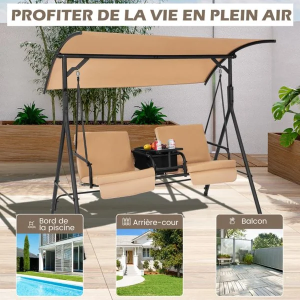 Balançoire de Porche avec Auvent Réglable Balancelle pour 2 Personnes Sac Isotherme Plateau Rotatif Coussins Amovibles Noir