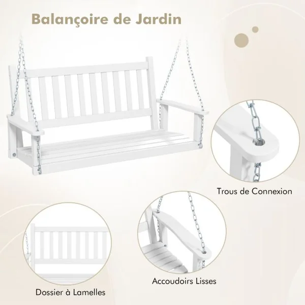 Balançoire de Porche en Bois pour 3 Personnes Banc Suspendu Robuste Capacité 360 Kg Chaînes Réglables de 170 Cm Dossier à Lattes Blanc/Marron