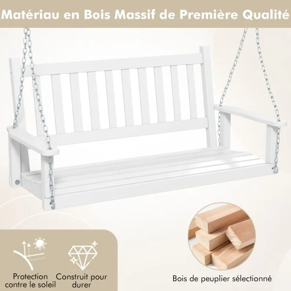 Balançoire de Porche en Bois pour 3 Personnes Banc Suspendu Robuste Capacité 360 Kg Chaînes Réglables de 170 Cm Dossier à Lattes Blanc/Marron
