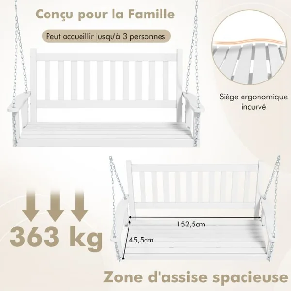 Balançoire de Porche en Bois pour 3 Personnes Banc Suspendu Robuste Capacité 360 Kg Chaînes Réglables de 170 Cm Dossier à Lattes Blanc/Marron
