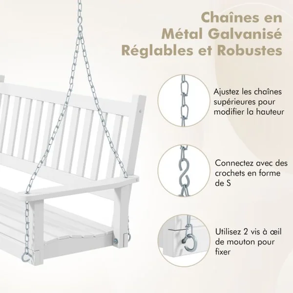 Balançoire de Porche en Bois pour 3 Personnes Banc Suspendu Robuste Capacité 360 Kg Chaînes Réglables de 170 Cm Dossier à Lattes Blanc/Marron
