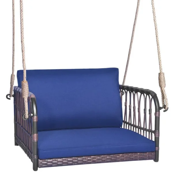 Balançoire de Porche en Rotin avec Coussins de Siège et de Dossier Cadre en Métal 2 Cordes de Suspension Robustes Balançoire Tissée en Osier Bleu