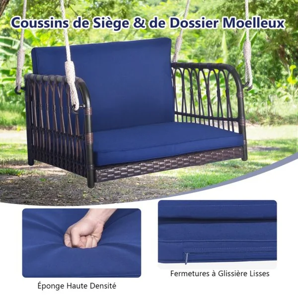 Balançoire de Porche en Rotin avec Coussins de Siège et de Dossier Cadre en Métal 2 Cordes de Suspension Robustes Balançoire Tissée en Osier Bleu