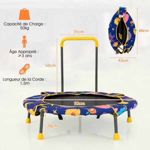 Balançoire Nid d’Oiseau 2 en 1 Trampoline pour Enfants Pliable Diamètre 92cm avec Main Courante Rembourrée Agé de 3+