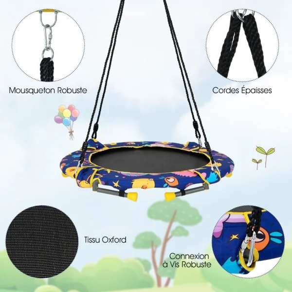 Balançoire Nid d’Oiseau 2 en 1 Trampoline pour Enfants Pliable Diamètre 92cm avec Main Courante Rembourrée Agé de 3+
