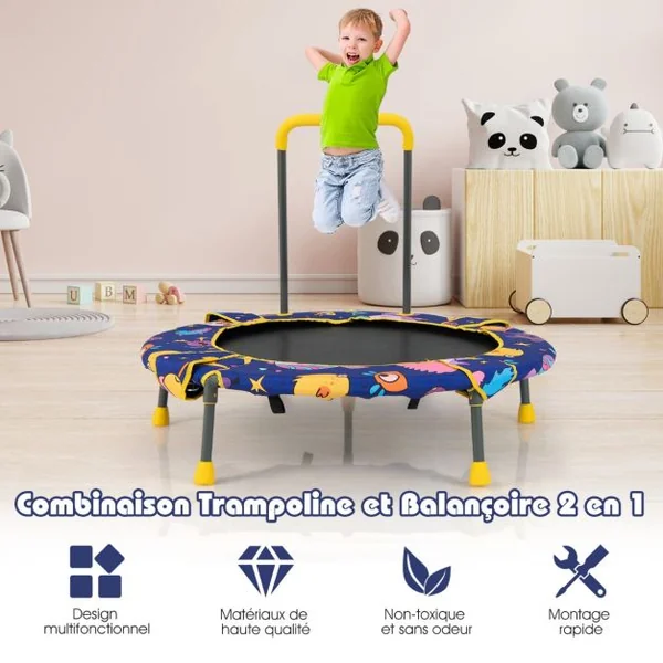 Balançoire Nid d’Oiseau 2 en 1 Trampoline pour Enfants Pliable Diamètre 92cm avec Main Courante Rembourrée Agé de 3+