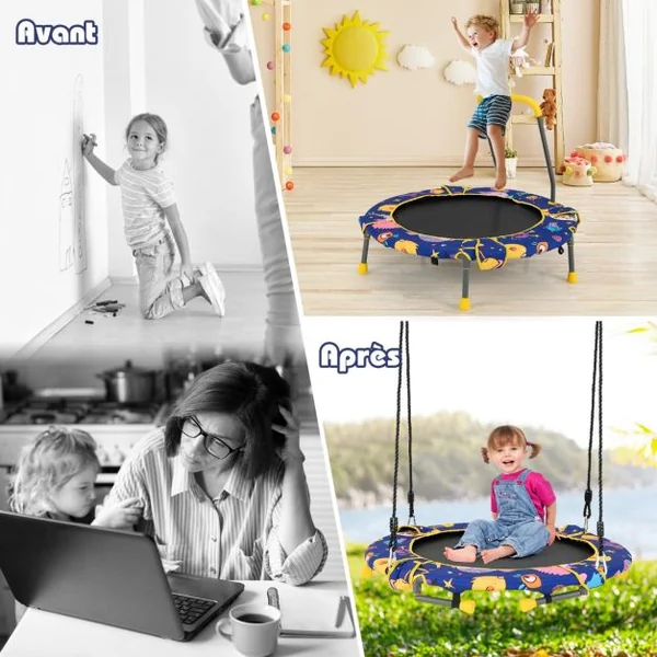 Balançoire Nid d’Oiseau 2 en 1 Trampoline pour Enfants Pliable Diamètre 92cm avec Main Courante Rembourrée Agé de 3+