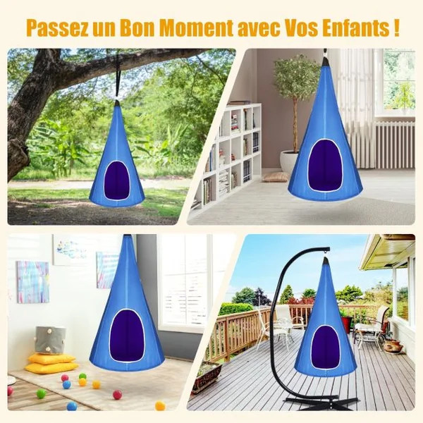 Balançoire Nid d’Oiseau Dia.100CM avec Tente Hamac à Suspendu 2 Fenêtres d'Observation et Corde Charge Max.113KG Bleu