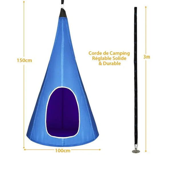 Balançoire Nid d’Oiseau Dia.100CM avec Tente Hamac à Suspendu 2 Fenêtres d'Observation et Corde Charge Max.113KG Bleu