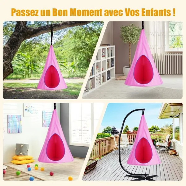 Balançoire Nid d’Oiseau Dia.100CM avec Tente Hamac à Suspendu 2 Fenêtres d'Observation et Corde Charge Max.113KG Rose