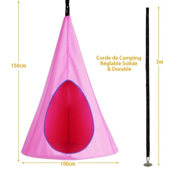 Balançoire Nid d’Oiseau Dia.100CM avec Tente Hamac à Suspendu 2 Fenêtres d'Observation et Corde Charge Max.113KG Rose