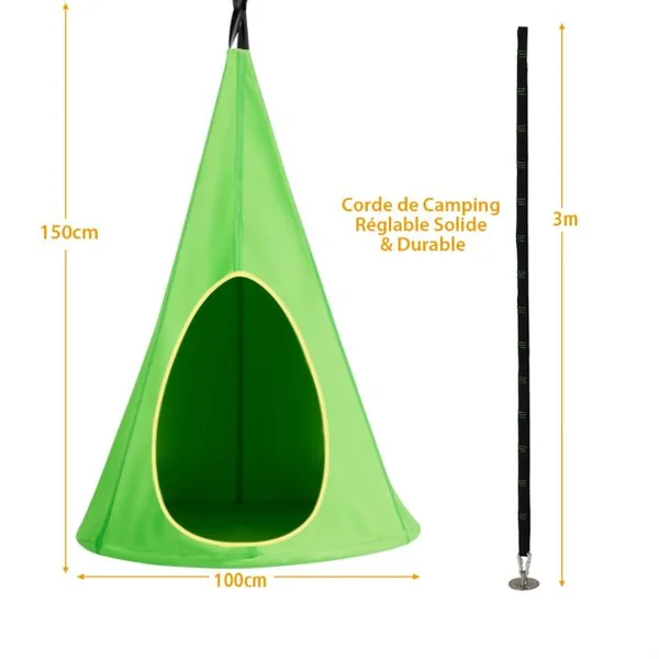 Balançoire Nid d’Oiseau Dia.100CM avec Tente Hamac à Suspendu 2 Fenêtres d'Observation et Corde Charge Max.113KG Vert