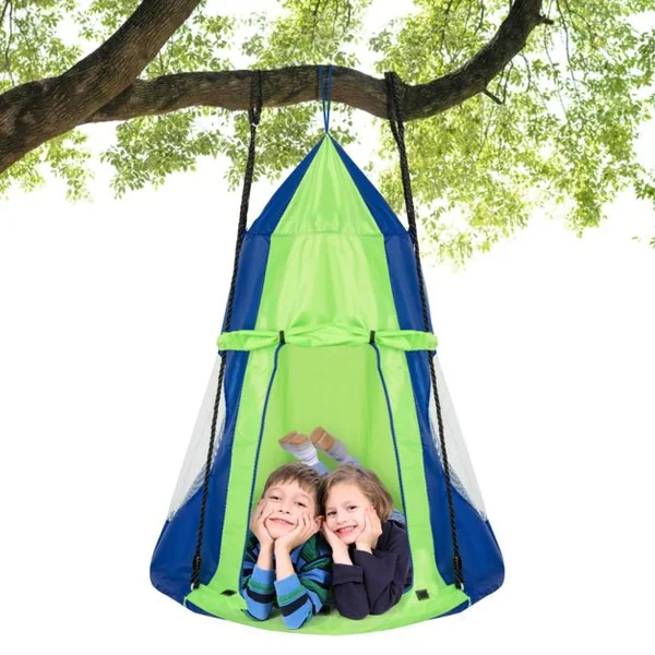 Balançoire Nid d’Oiseau Rond Tente Détachable Balançoire d'Arbre Hauteur Réglable Capacité 150 kg 100-132cm Orange