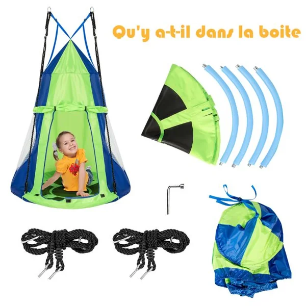 Balançoire Nid d’Oiseau Rond Tente Détachable Balançoire d'Arbre Hauteur Réglable Capacité 150 kg 100-132cm Orange