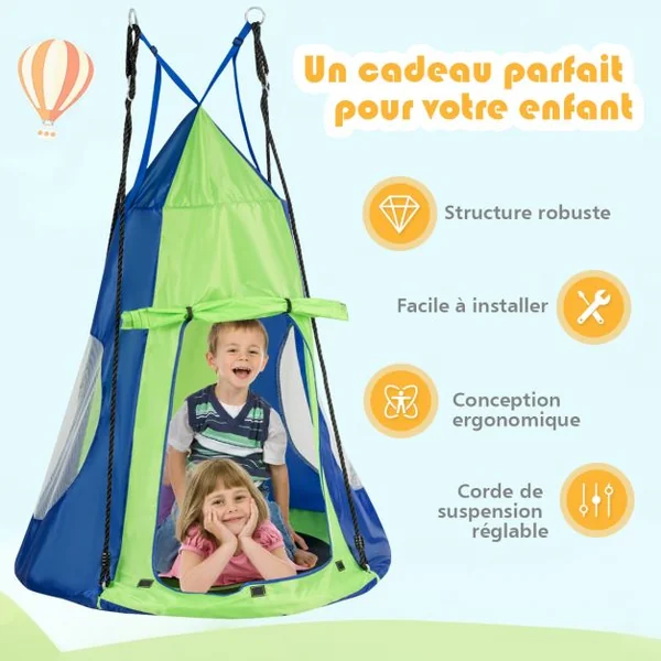 Balançoire Nid d’Oiseau Rond Tente Détachable Balançoire d'Arbre Hauteur Réglable Capacité 150 kg 100-132cm Orange